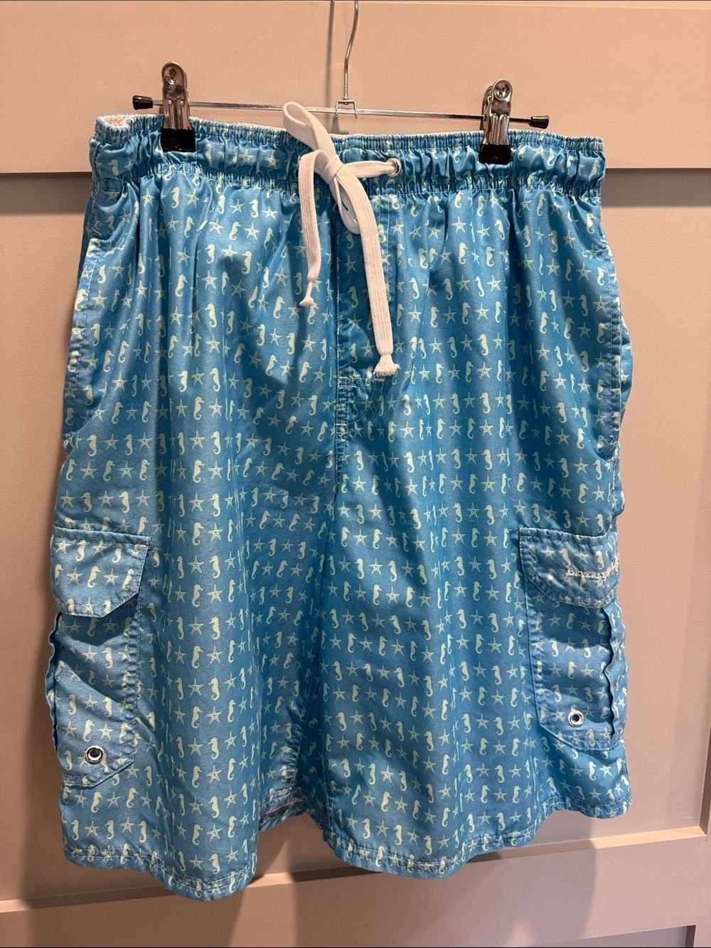 Beverly Hills Polo Club Light Blue Cargo Swim Shorts with White Drawstring
